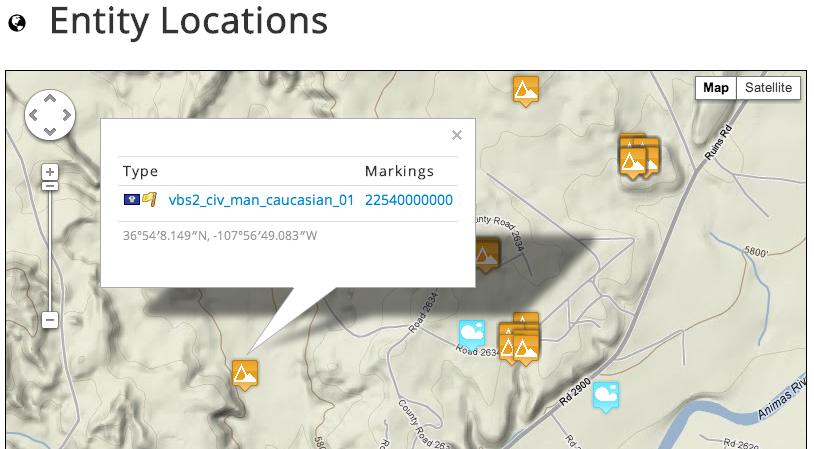 Entity locations displayed on a live map